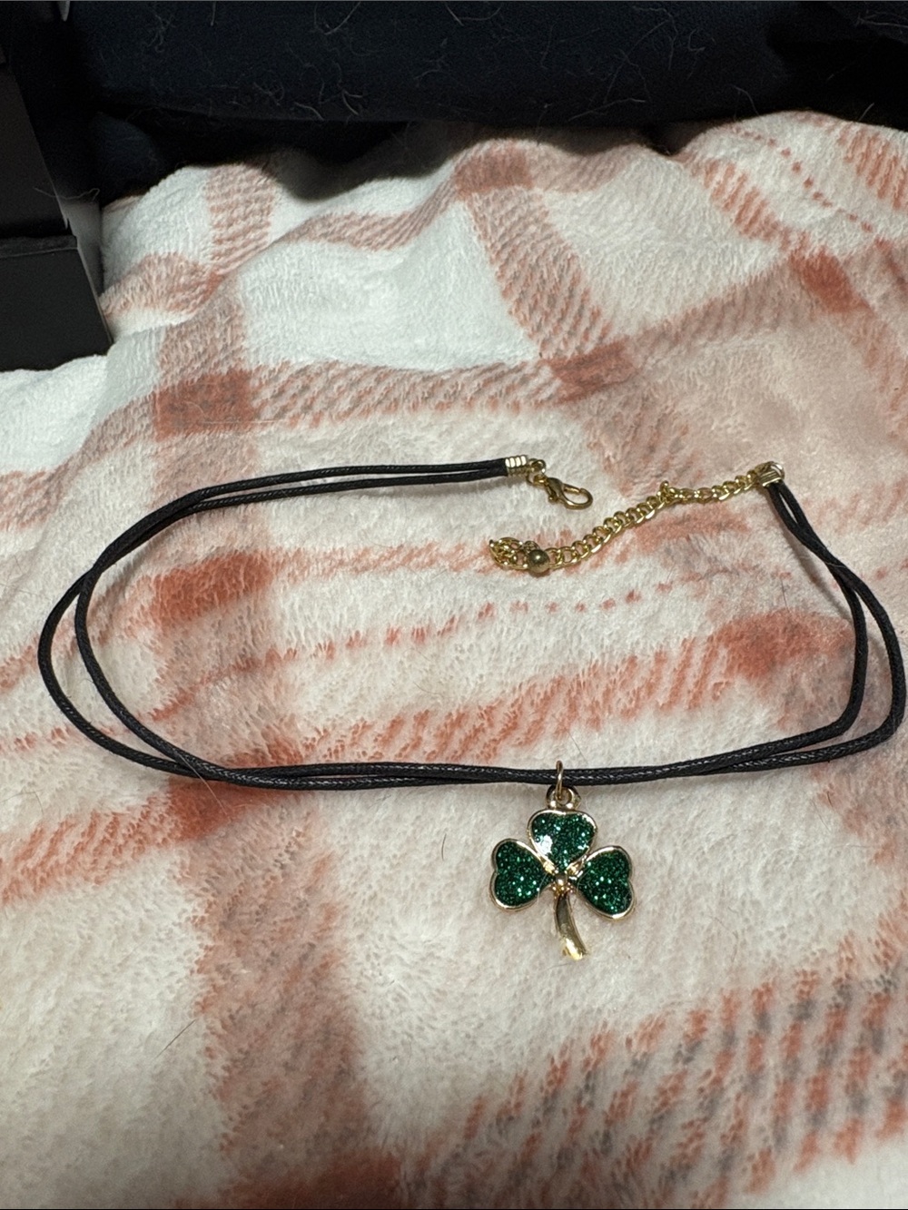Gold-Tone Clover Pendant Choker Necklace with Green Glitter